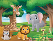 Cute wild animals cartoon in the jungle