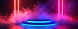 Abstract background podium scene with colorful neon lights and smoke in a dark room. Neon blue, red, pink, and orange lights on a round stage. Futuristic modern abstract architecture. Glowing lights
