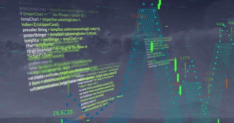 Wall Mural - image of financial data processing against dark clouds in the sky