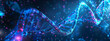 Abstract DNA and fluorescent particles background, neon light. Abstract futuristic biotechnology or artificial intelligence space digitalization. Dark blue abstract digital wallpaper