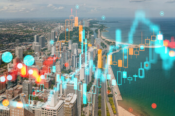 Wall Mural - Aerial view of a city with a hologram overlay, showcasing futuristic technology elements on a cityscape background. Double exposure