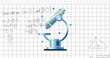 Image of mathematical equations over telescope icon against square lined paper background