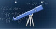 Image of mathematical equations over telescope icon on grid network against blue background