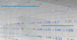 Image of numbers floating and stock market data processing over low angle view of tall building