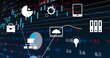 Image of digital icons over statistical and stock market data processing against blue background