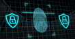 Image of padlock in shields, scanning fingerprint over low angle view of server racks