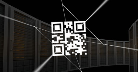 Image of qr code on lines over server system racks against black background