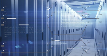 Wall Mural - Image of computer language and illuminated lines passing over data server racks