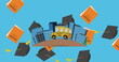 Graduation hat and book icons falling over school bus icon against blue background