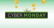 Image of words cyber sale in green and white with orange balloons on green