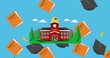 Graduation hat and book icons falling over school building icon against blue background