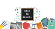 Back to school text on wooden slate against multiple school concept icons on white background
