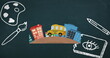 Digital image of multiple art concept icons over school bus icon against blue background