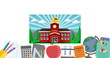 Digital image of school building icon against multiple school concept icons on white background