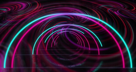 Poster - Image of pink and blue neon arch and swirls moving on black background