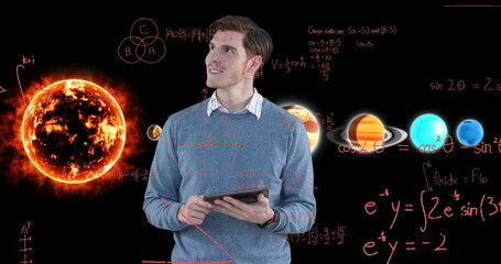 Wall Mural - image of businessman using tablet over equations and solar system