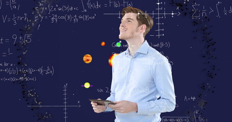 Sticker - Image of businessman over equations and solar system