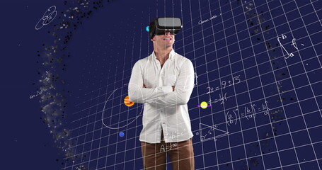 Wall Mural - image of businessman wearing vr headset over equations and solar system
