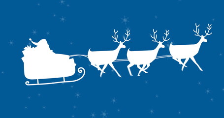 Wall Mural - image of falling snow over santa claus in sleigh with reindeer