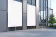 Three empty billboards on a modern building exterior for advertisement mockups, with a cityscape in the background. Generative AI