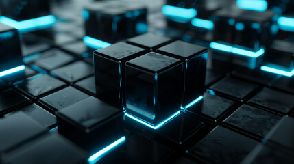 Wall Mural - abstract background black cubes with light blue glowing edges, 3d wallpaper, business background