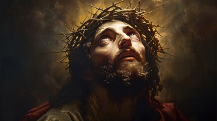 Wall Mural - Jesus Christ, Crowned with Thorns, Looking Up to Heaven in a Religious Scene