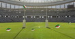 Image of rugby balls with flag of wales over stadium