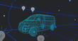 Image of falling icons over 3d car model over grid on black background