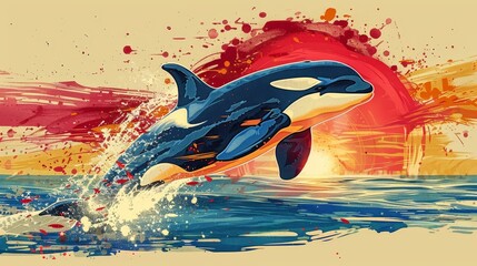 A blue and white orca is leaping out of the water