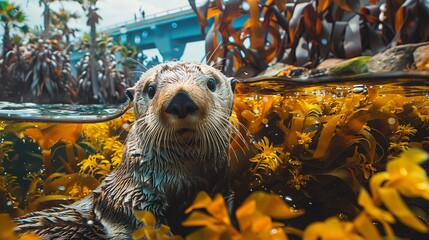 A baby otter is swimming in a pond with lots of seaweed