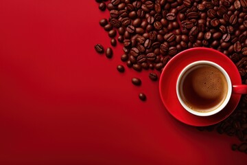 Wall Mural - Coffee cup in red  saucer near roasted beans on red background top view