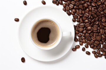 Poster - Espresso cup with coffee beans isolated on white background top view