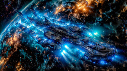 Wall Mural - Dark sci fi spaceship in orbit over an alien violent world, futuristic space technology glowing engines, interstellar exploration artwork