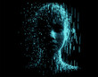 Distorted silhouette of a bald blue head of a woman. Conceptual image of facial recognition and anonymity systems. Cyberpunk pixel art style vector illustration.