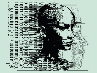 Wall Mural - Distorted silhouette of a bald human head. Conceptual image of facial recognition and anonymity systems. Cyberpunk pixel art style vector illustration.