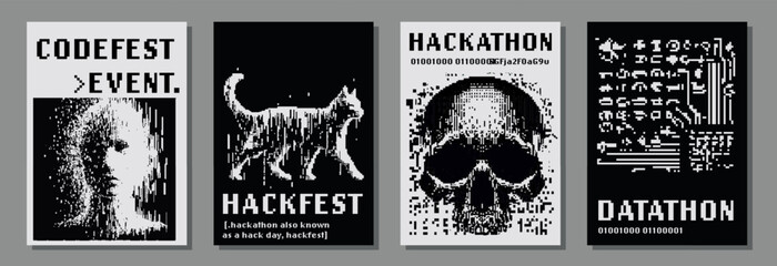 Wall Mural - Set of retrofuturistic posters for hackathon (also known as a hack day, hackfest, datathon or codefest) event with pixel art illustrations of glitched human head and skull.