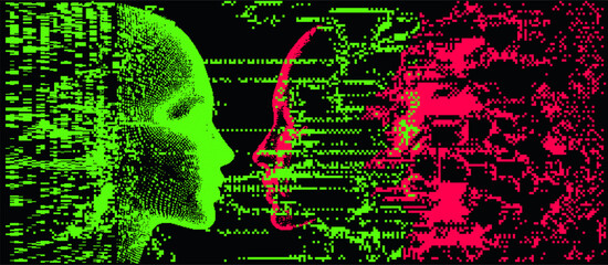 Aufkleber - Distorted silhouettes of two heads. Conceptual image of facial recognition and anonymity systems. Vector illustration in cyberpunk pixel art style.