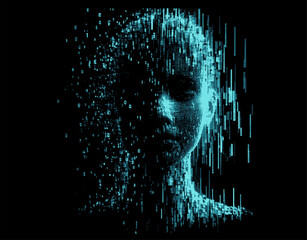 Poster - Distorted silhouette of a bald blue head of a woman. Conceptual image of facial recognition and anonymity systems. Cyberpunk pixel art style vector illustration.
