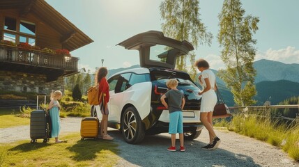 Wall Mural - A family is loading luggage into the rear of their vehicle for a leisurely travel, surrounded by trees and plants. AIG41