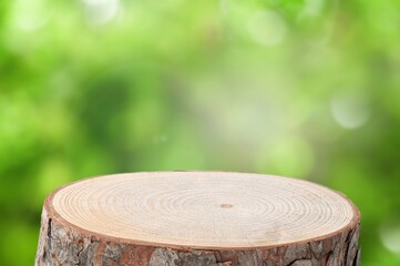 Poster - Wood tabletop round podium in outdoors background.