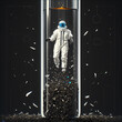 An astronaut in a white spacesuit stands amidst floating microplastic debris within an illuminated test tube, symbolizing environmental pollution and space exploration.