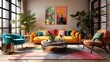 A colorful living room with a couch, chair, coffee table, and potted plants