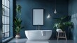 A bathroom with a white bathtub, a mirror, and a potted plant