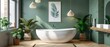 A bathroom with a white bathtub and a green wall