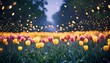 Glowing Magic: Ethereal Fireflies Dance Amidst Vibrant Tulips, Illuminating a Serene Field with Enchanting Beauty and Natural Wonder