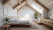 A bedroom with a wooden floor and a white bed