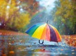 raindrops falling on the surface of an open multicolored rainbow umbrella in heavy downpour, blurry background of trees and foliage