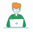 simple flat vector illustration of a happy ginger man sitting at his laptop against a white background.
