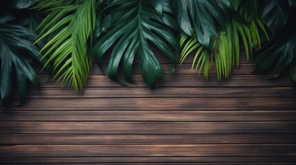 Wall Mural - A wooden background with green leaves on top of it