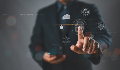 Leinwandbilder - Biometrics security system. Woman using fingerprint identification to access personal financial data on mobile phone, mobile banking app. biometrics cyber security innovation technology